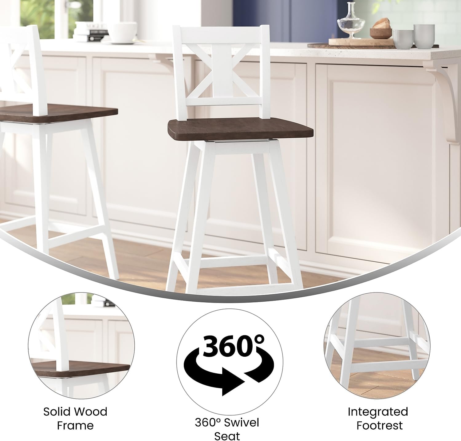 Flash Furniture Gwendolyn Commercial Modern Farmhouse Barstool - Antique White Wash Frame - Gray Wash Seat - Bar Height - 360° Swivel Seat - Integrated Footrest