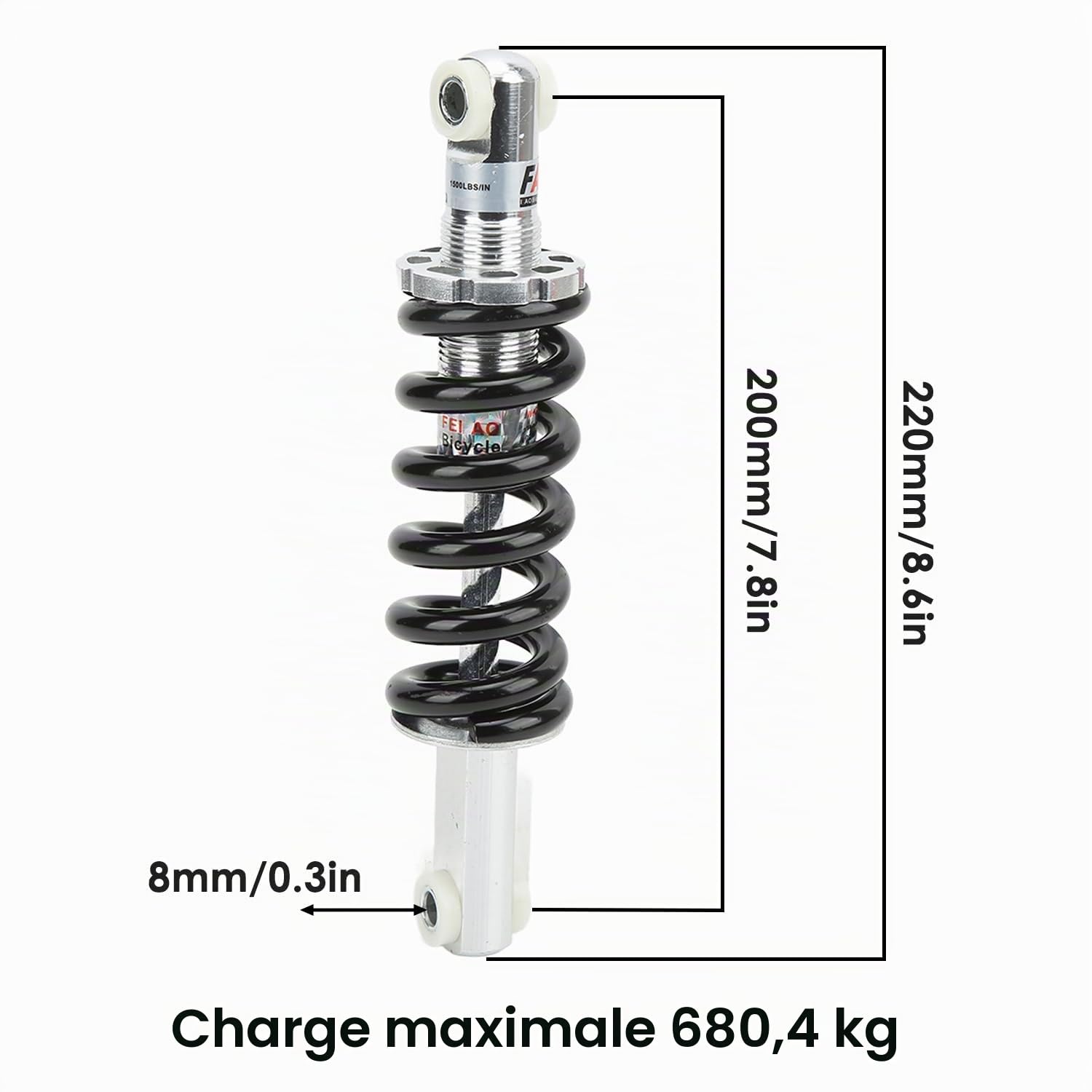 Amortisseur arrière de vélo 200 mm 1500 LBS 8 mm Trou universel Amortisseur à ressort en alliage d'aluminium pour VTT, vélos électriques, motos, ATV
