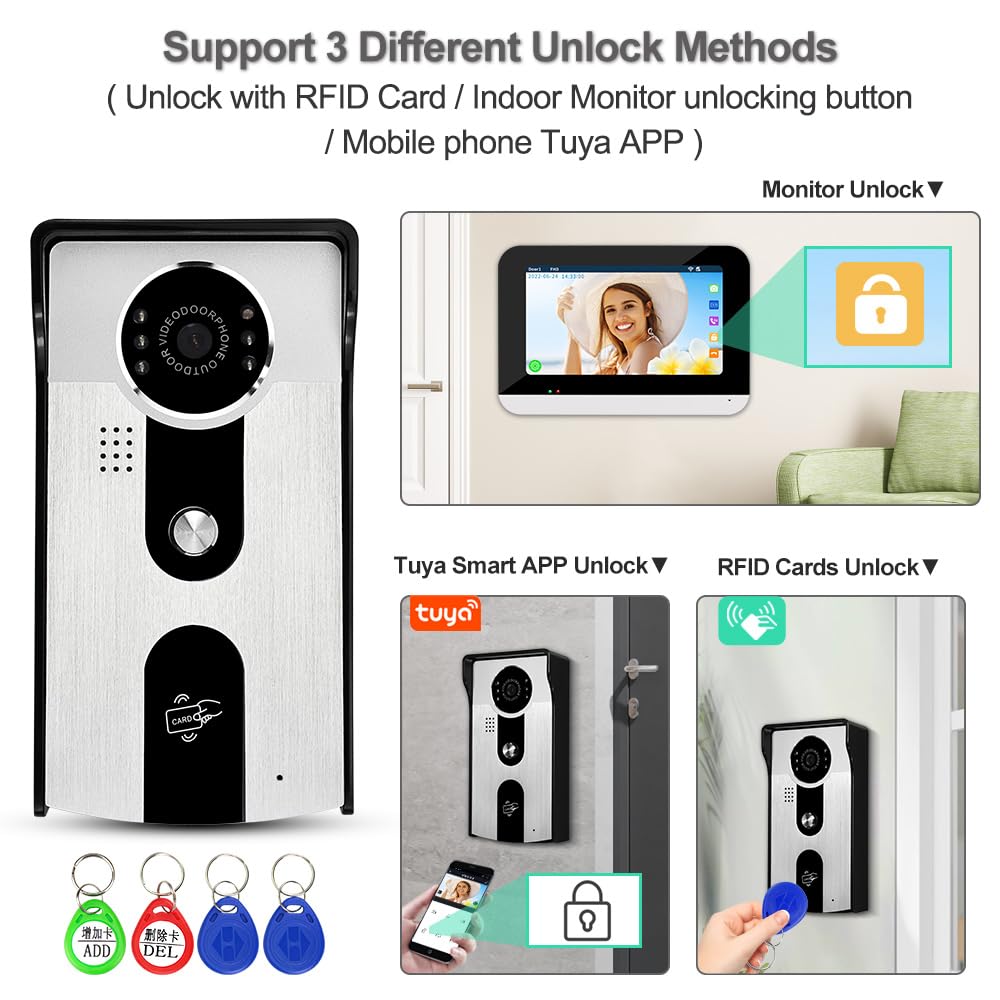 Wifi Tuya APP Home Sistema Videocitofono Campanello Touch Screen Colori 7 Pollici Monitor Interno + 1080P Digiti HD Esterna Videocamera RFID IR Visione Notturna