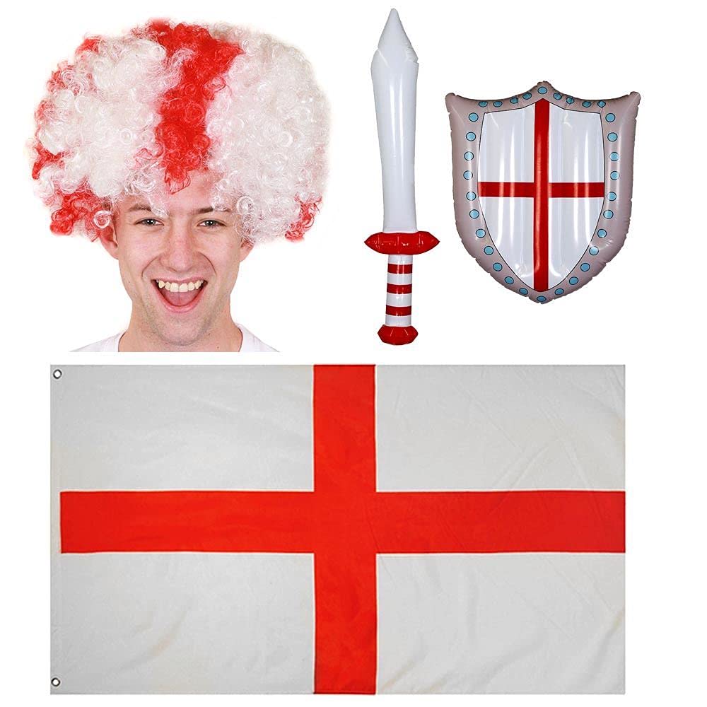 England Sports Supporters Set - 5ft X 3ft St Georges Flag + St George Cross Afro Wig + Inflatable English Flag Sword and Shield - English Football Fans Fancy Dress Accessory Kit