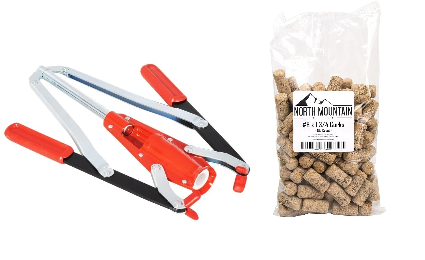 North Mountain Supply Portuguese Double Lever Hand Corker with Bag of 100#8 x 1 3/4" Premium Natural Agglomerated Corks