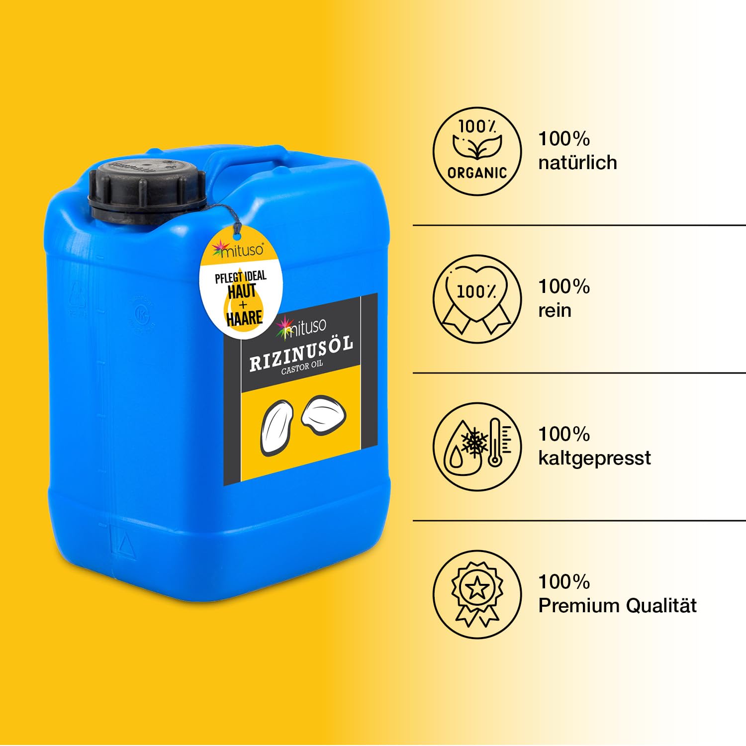 mituso Aceite de ricino 10 litros – 100% puro aceite prensado en frío, nativo Ph. Eur., sérum para pestañas, aceite capilar, cuidado natural del cabello
