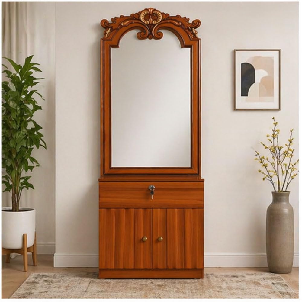 Crown Dressing Table | Carved Crown Detail, Lockable Drawer, Double Door Cabinet, Wooden Vanity Unit, Bedroom Furniture-image-46