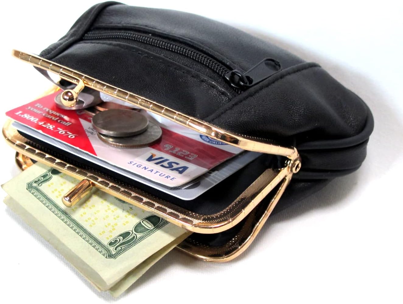 Women Soft 100% Leather Mini Wallet ID Credit Cards Cash Coin Holder Case Organizer Purse Framed & Zipper Closures -BLACK - Image 8