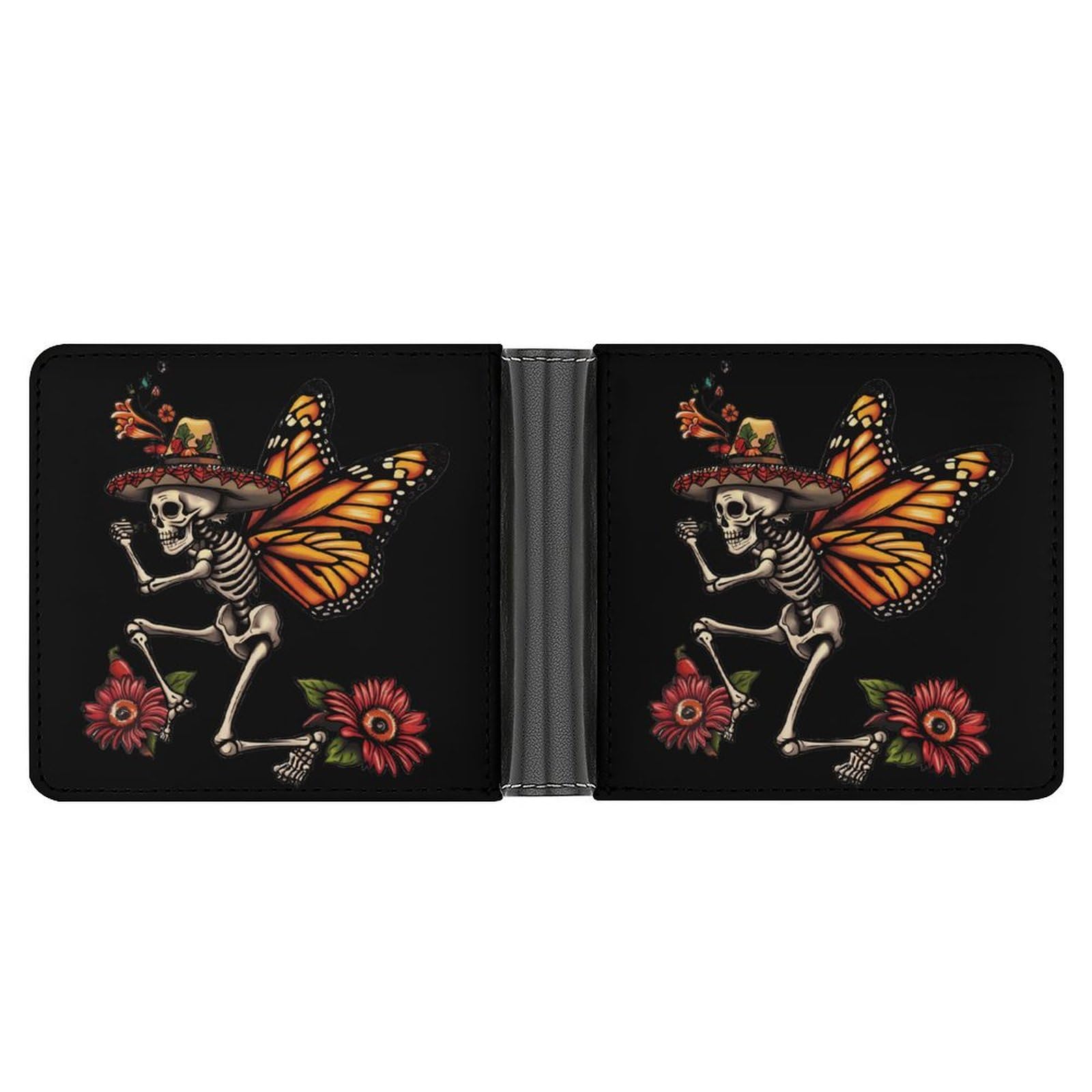 Day of The Dead Skull Skeleton Monarch Butterfly Bifold Wallet PU Leather Card Cash Holder Cute Purse for Men Women
