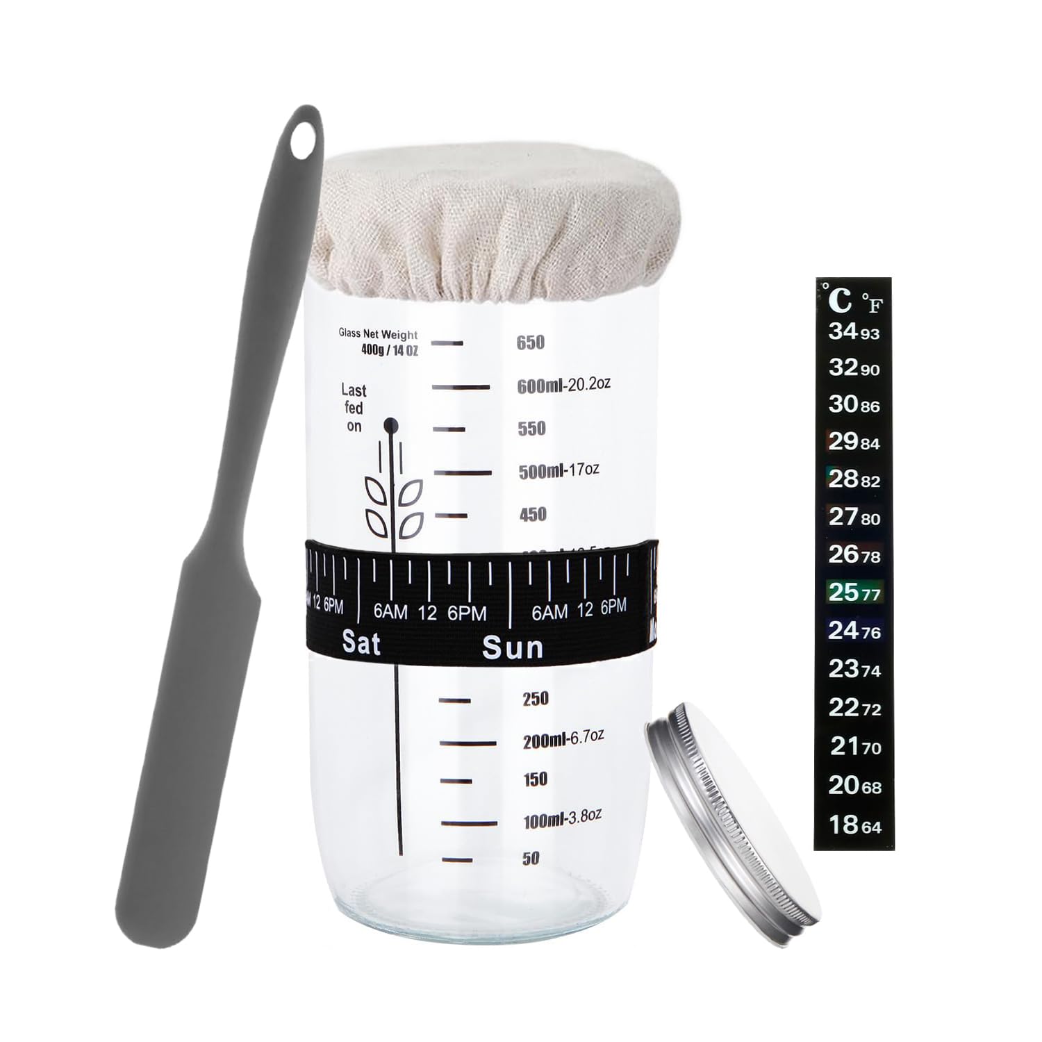 Hniuyun Sourdough Starter Kit with Thermometer & Scraper, 650ml Wide Mouth Glass Jar