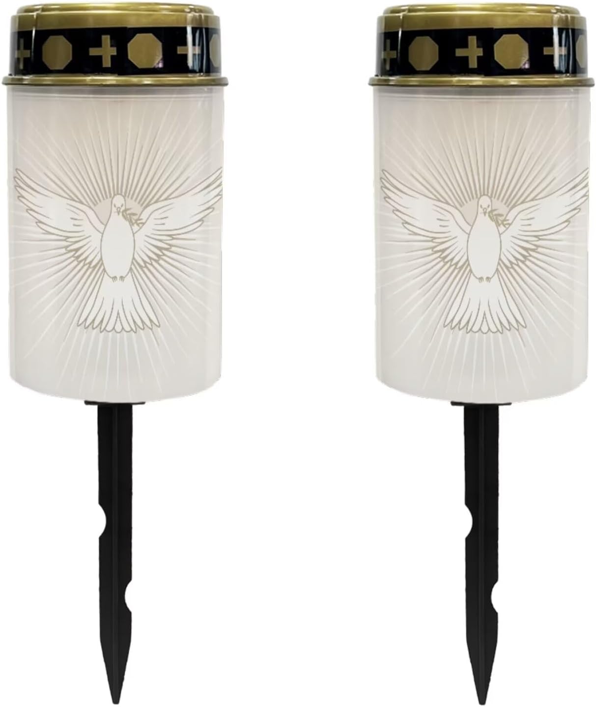 Golden Cross and Peace Dove Solar Memorial Lights for Graves Flameless Candle Lamp Waterproof Solar Powered Light for Prayer Grave Cemetery Garden Decor 2 Pcs
