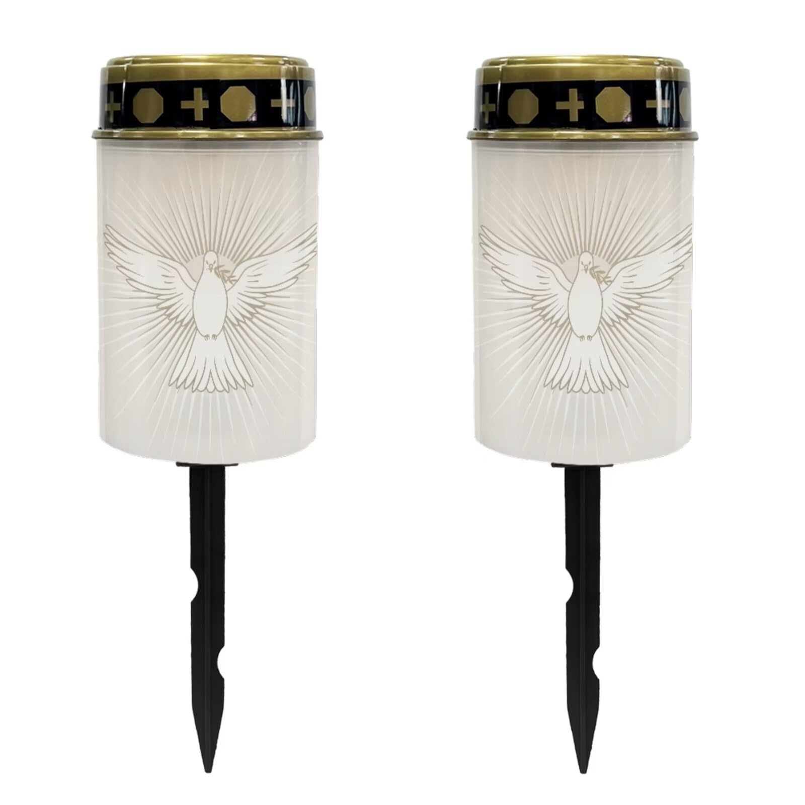 Golden Cross and Peace Dove Solar Memorial Lights for Graves Flameless Candle Lamp Waterproof Solar Powered Light for Prayer Grave Cemetery Garden Decor 2 Pcs