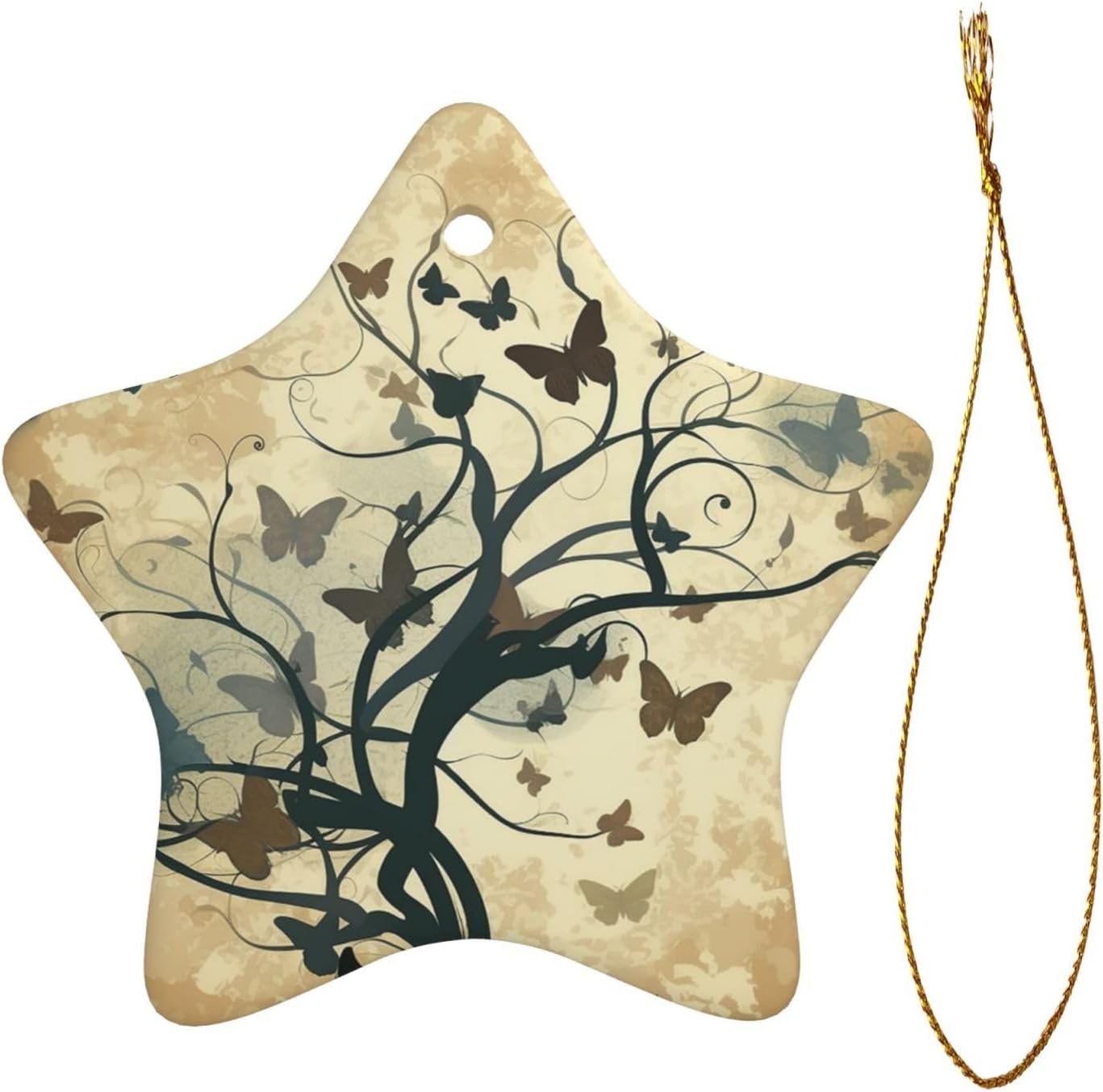 Christmas Ornaments Ceramic Star Shaped Christmas Hanging Ornament Double-Sided Branches and Butterfly Silhouettes Print Christmas Tree Pendants for Xmas Tree Fireplace Party Holiday Wedding