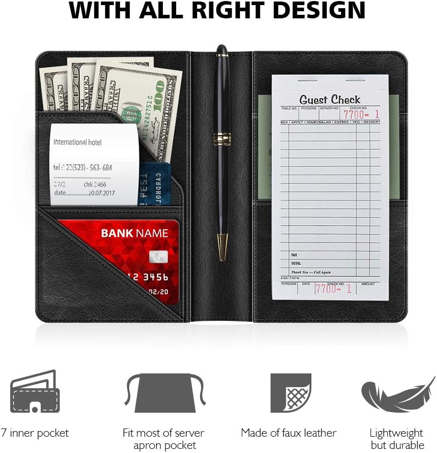 Syntus 2 Apron & 2 Waiter Book Sets – Server Book for Waitress Waiter Organizer with Guest Check Book Holder Money Pocket, 100% Cotton Waitress Waist Apron Set Perfect for Restaurant Waitstaff