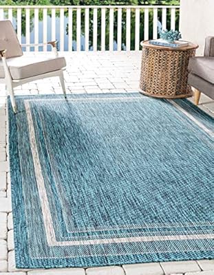 Unique Loom Outdoor Border Collection Area Rug - Soft Border (8'x 11' 4" Rectangle, Teal/ Ivory)