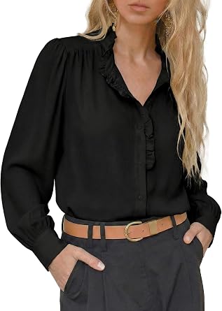 Astylish Womens 2026 Ruffle Collar Long Puff Sleeve Chiffon Blouse Button Down Shirt Loose Fit Spring Summer Tops