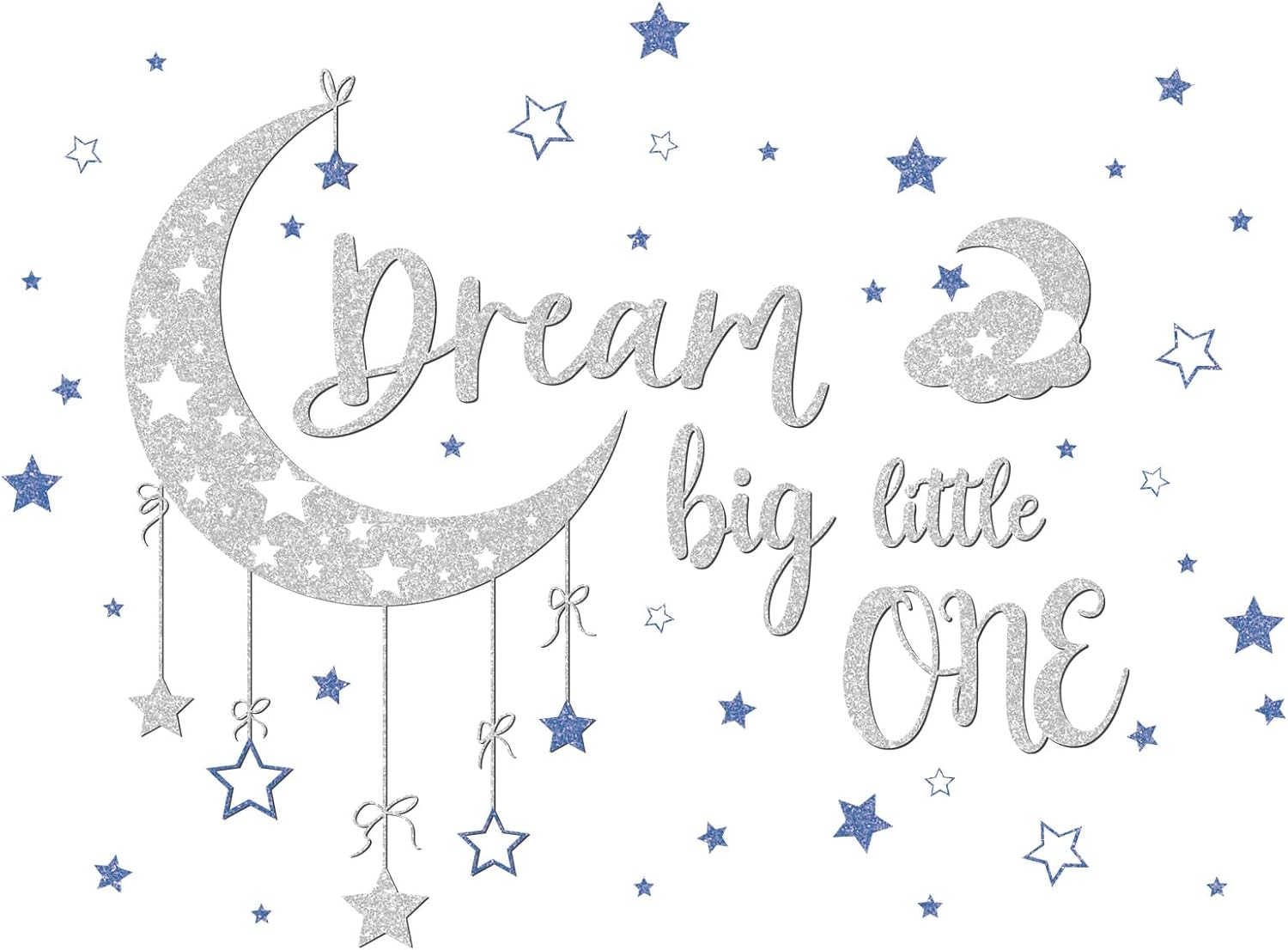 Dream Big Little One Wall Decal Silver Glitter Moon Star Inspirational Quote Kid Wall Sticker for Bedroom Playroom Nursery Decor