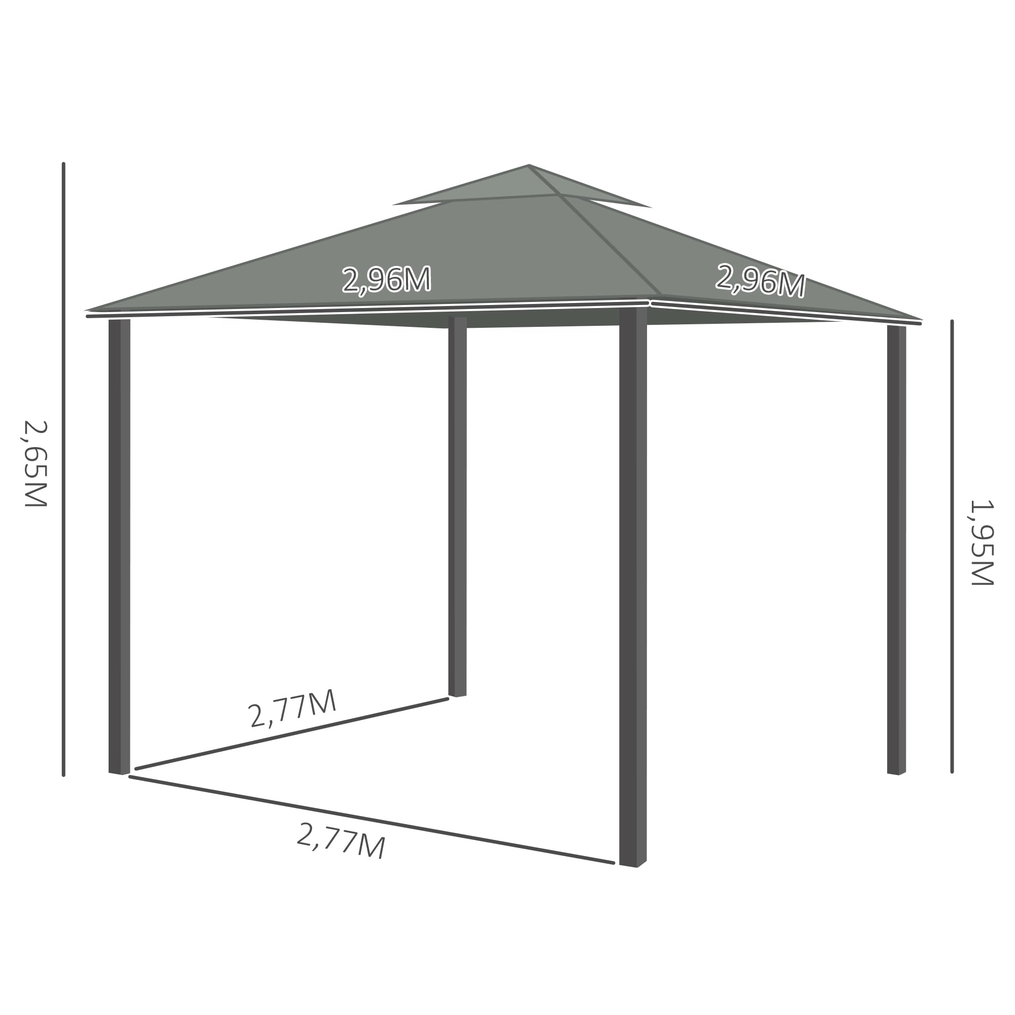 Outsunny Gartenpavillon Pavillon 2,96 x 2,96 m Gartenzelt mit Doppeldach Festzelt Partyzelt mit 4 x Seitenteile Moskitonetz wetterfest Aluminium Polyester Dunkelgrau