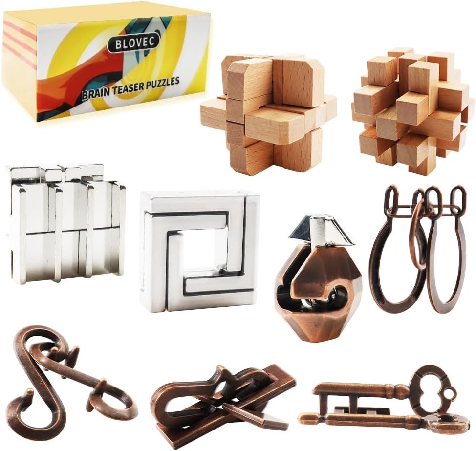 9PCS Brain Teaser Puzzles for Adults, Mind Puzzle Ancient Wooden and Metal Puzzles 3D Unlock Interlock IQ Puzzle Box Game for Adults