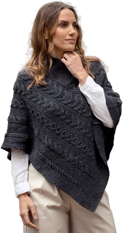 Aran Crafts Women's Irish Soft Cable Knitted Poncho Cape (100% Merino Wool)