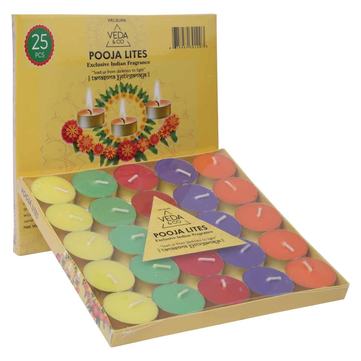 Welburn Veda&Co® Pooja Scented Tealight Candles wih Temple Bells Fragrance | Upto 4 Hours Burning Time| Made with Deepam Oils & Natural Waxes for Home Temple, Offices & Special Occasions Multicolor 4