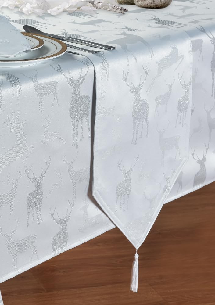 Kitchenwise Large Stag White Silver Table Runner, V End, Tassels, Shimmer Deer