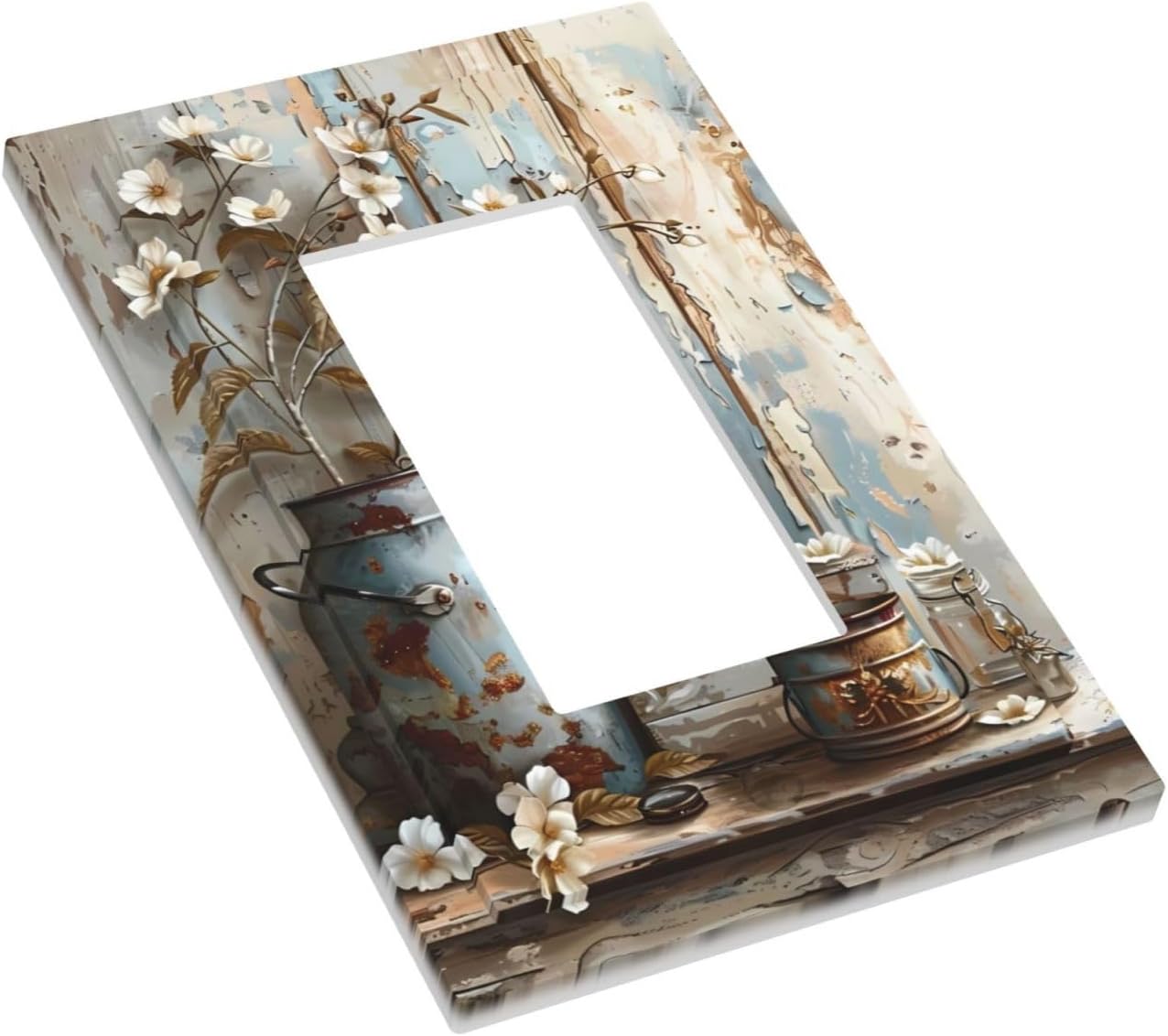 Farmhouse Rustic Wood Floral Flower Light Switch Cover Vintage Country Daisy Vase Wall Plate Decorative 1 Gang Single Rocker Switch Plates Electrical Outlet Faceplate for Bathroom Kitchen