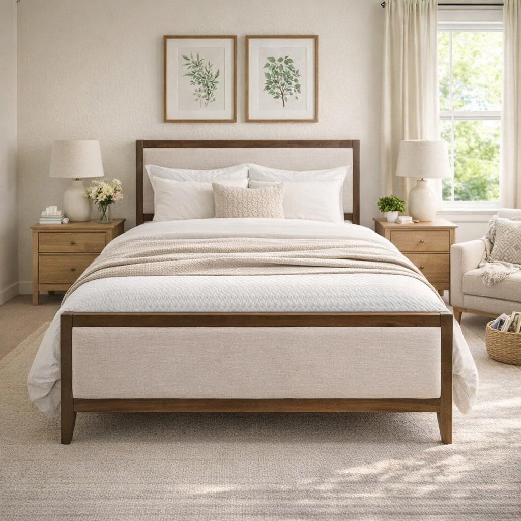 Christopher Knight Home Milas Upholstered King Size Bed Frame with Headboard, Mid-Century Modern King Bed Frame and Headboard, Wooden Slat Support, No