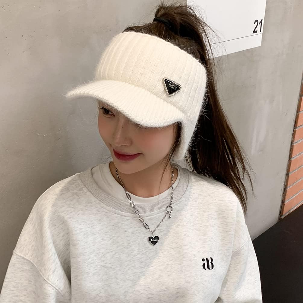 Open Beanie with Earflaps Visor Brim Bun Ponytail Winter Golf Tennis Hats Women - Image 4