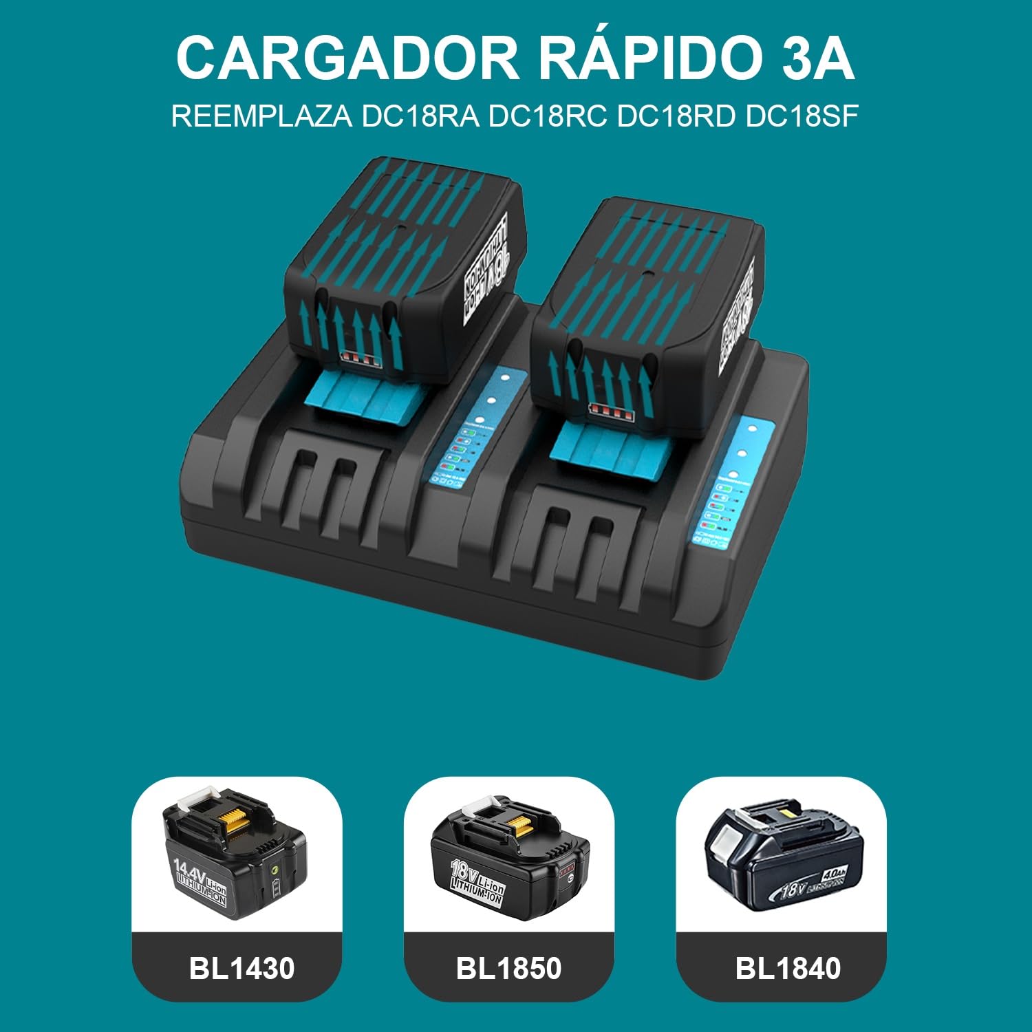 2 baterías de 18 V y 5,5 Ah con Cargador para Makita 18V | Compatible con BL1860, BL1850B, BL1850, BL1840 y BL1830 con cargador de doble puerto DC18RD