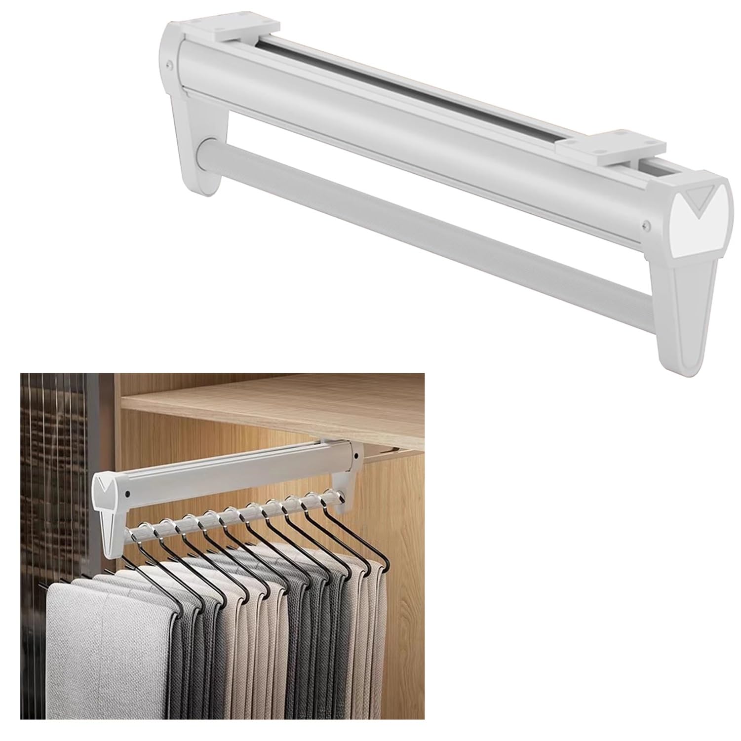 Wzmazingly Pull Out Clothes Rail 26-56cm, Extendable Trouser Hangers with Buffer, Sliding Storage Rack for Wardrobe, Organizing Clothes and Pants(White,56cm)