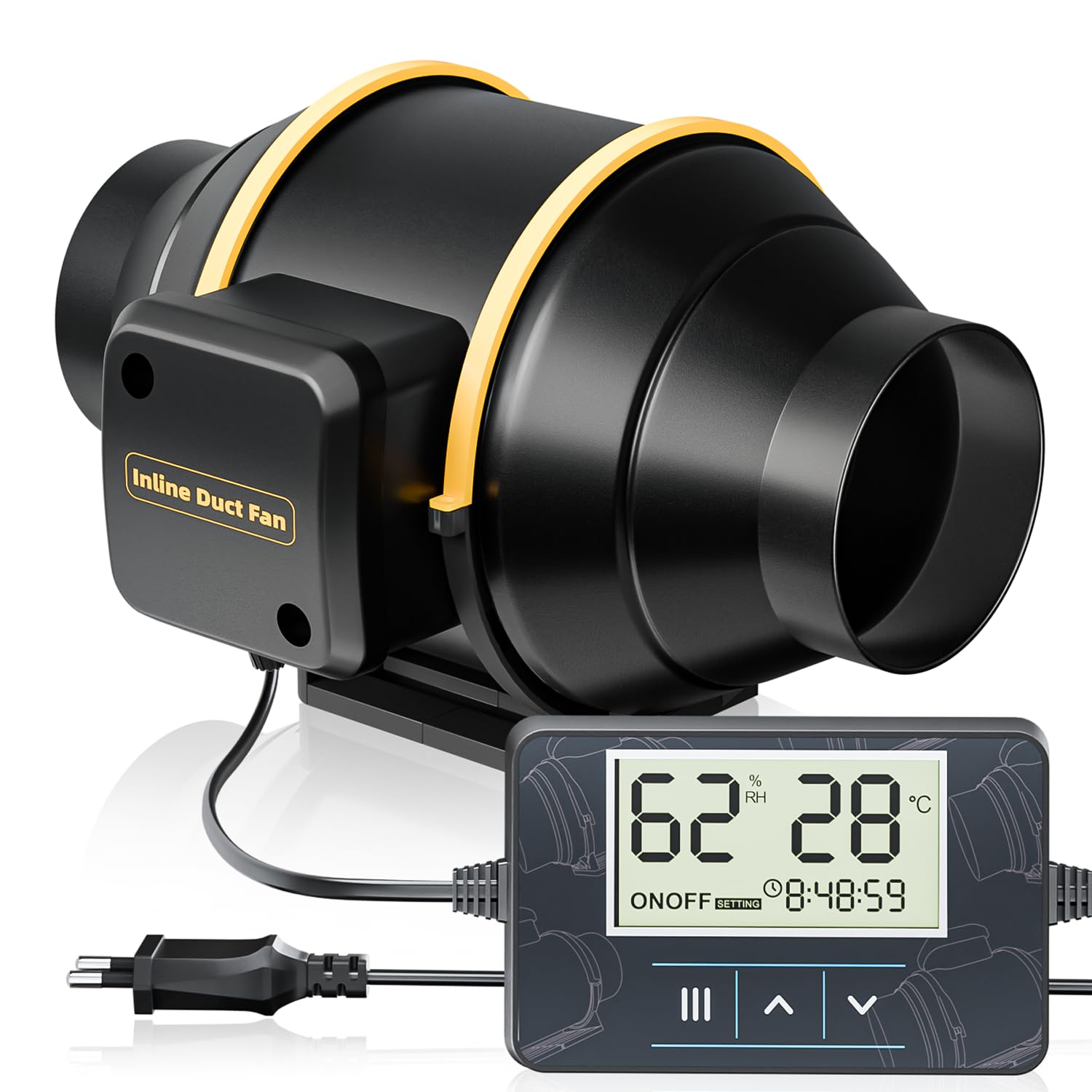 Rohrventilator 100 mm Neue Generation, Leiser Inline-Lüfter mit Timer, Temperatur- und Feuchtigkeitsregler, 367 m³/h, Kupfermotor, Überhitzungsschutz, EU-Stecker, 3 m VDE-Kabel