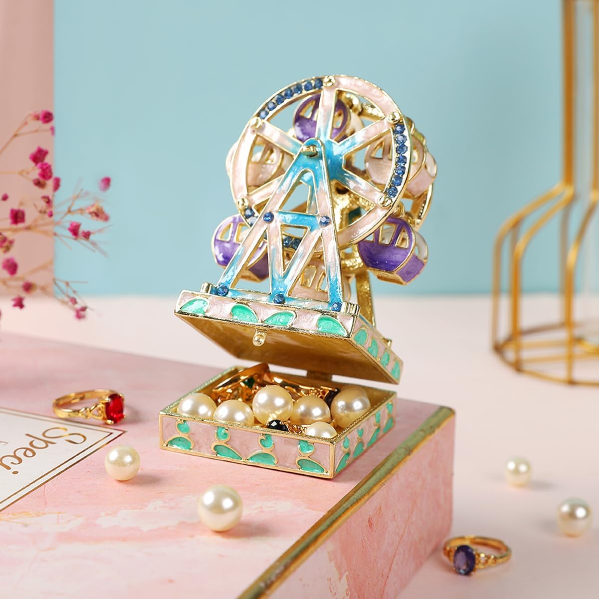 Lucky Ferris Wheel Shape Trinket Box Hinge Hand-Painted Small Jewelry Boxes Enamel Wedding Favor Craft Gift for Women