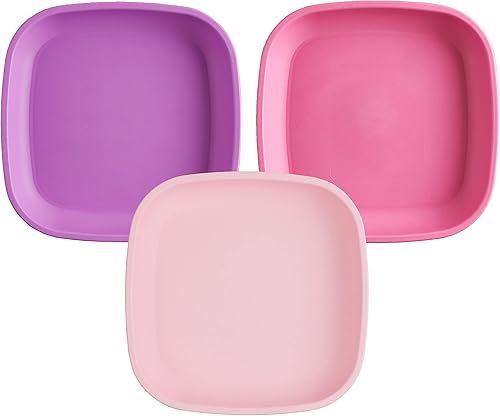 Re Play - Plato plano de 7 pulgadas con tapa de silicona, fabricado con silicona platino de grado médico, 3 platos + 3 tapas, color azul verdadero