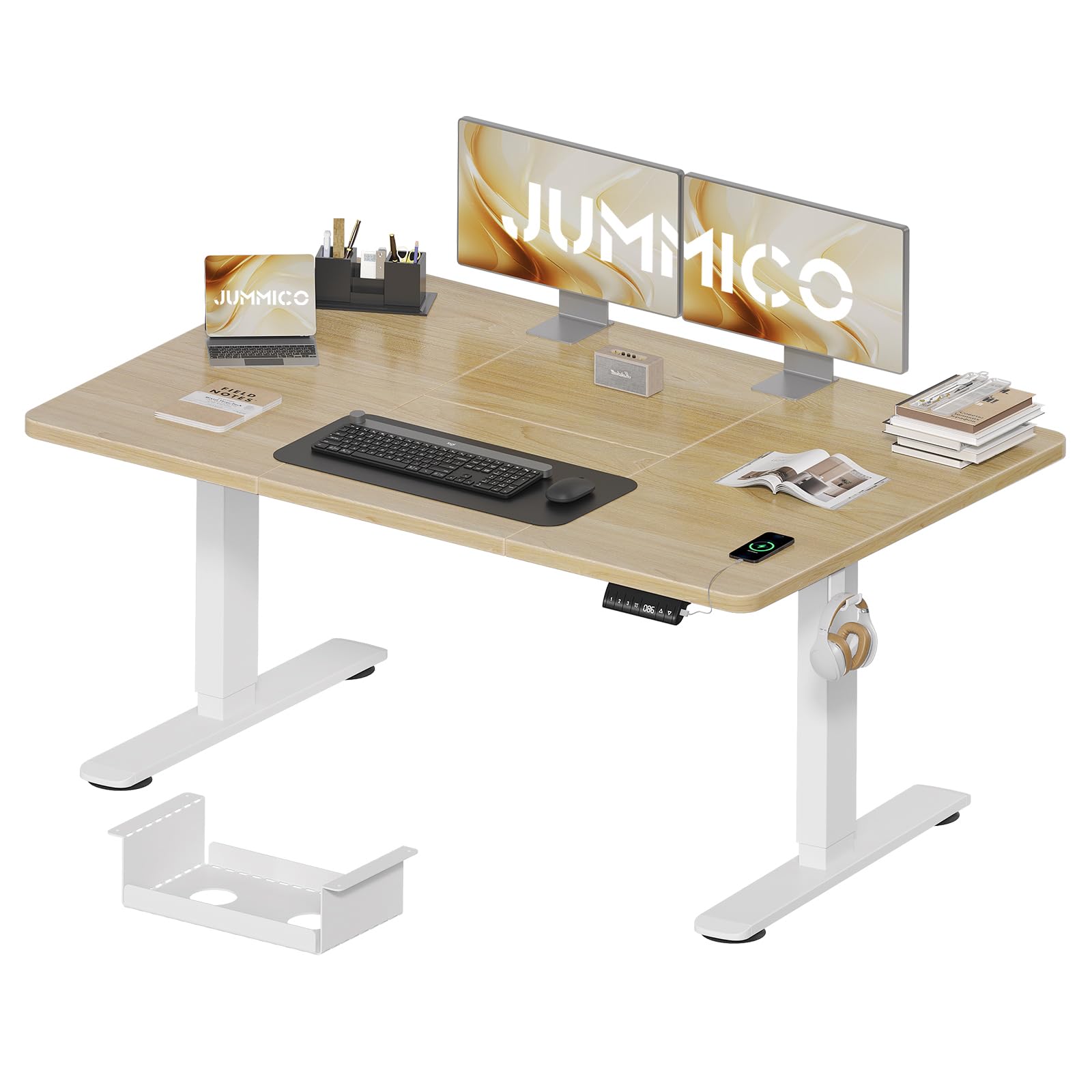 JUMMICO Height-Adjustable Desk 140 x 70 cm with Cable Tray, Height-Adjustable Electric Standing Desk with USB Socket, Computer Desk, Ergonomic Standing Seat Table, Office Table, Beige — image 1