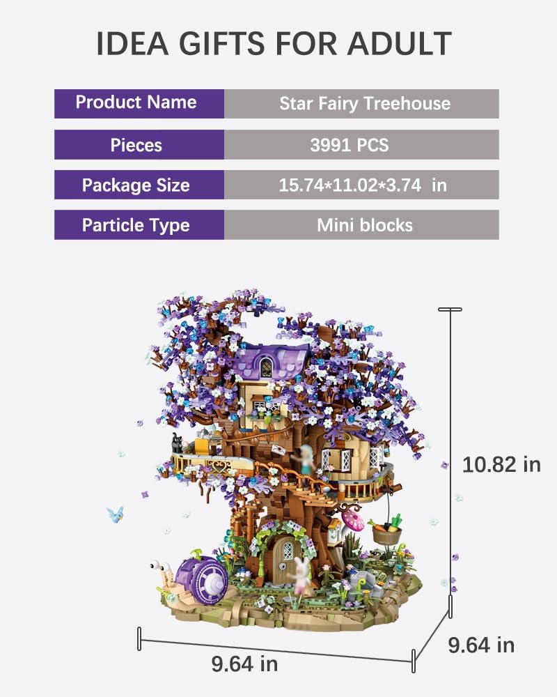 Star Fairy Treehouse Building Blocks Set, Japanese Sakura Tree House, Violet Cherry Tree Bonsai Creative Architecture, Home Decor or Idea Gifts for Adults, Mini Particles 3991 PCS (1065) - Image 3