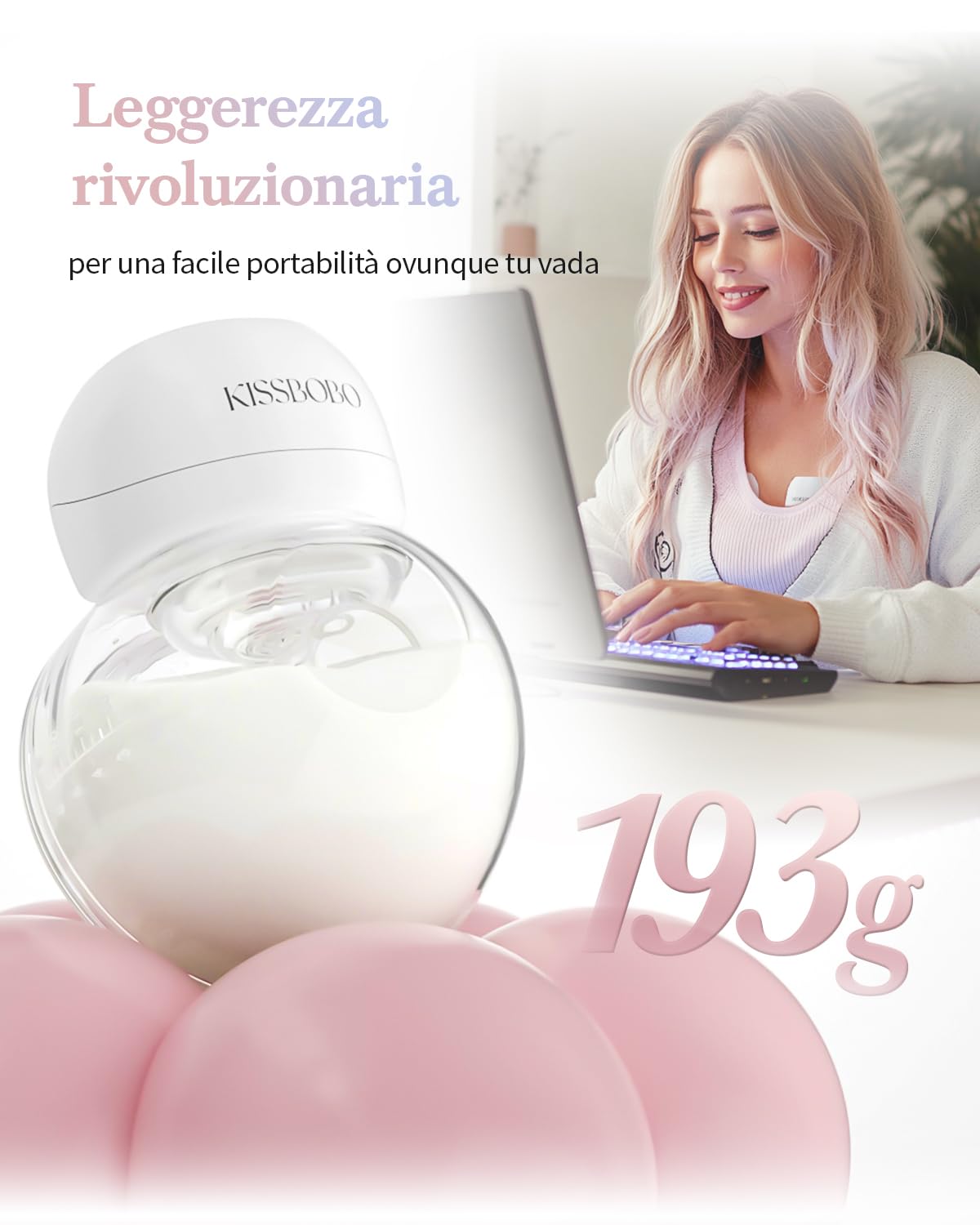 Rivoluzionario Tiralatte Elettrico 193g, KISSBOBO Tiralatte Elettrico Indossabile Con 3 Modalità 9 Livelli, Comfort Ottimale Con Timer 21 mm/24 mm(Bianco/1 pezzo)