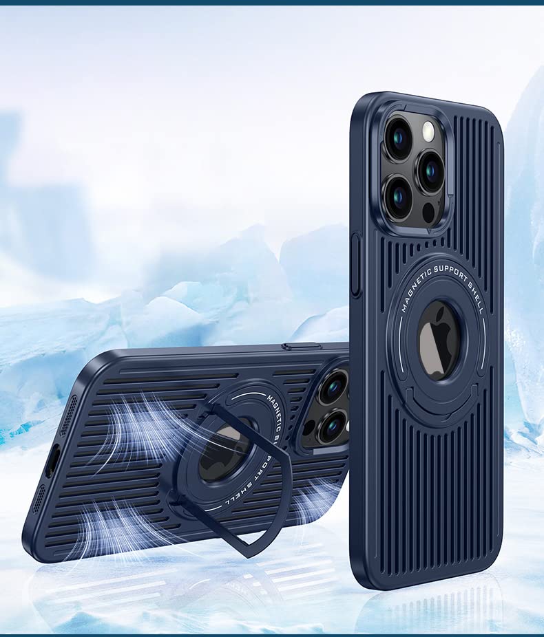 Compatible with iPhone 15 Pro Max Case with Ring Holder Kickstand, Heat Dissipation Breathable Cooling Case Military Grade Magnetic Case Shockproof Protective Case Cover for Women Men Blue