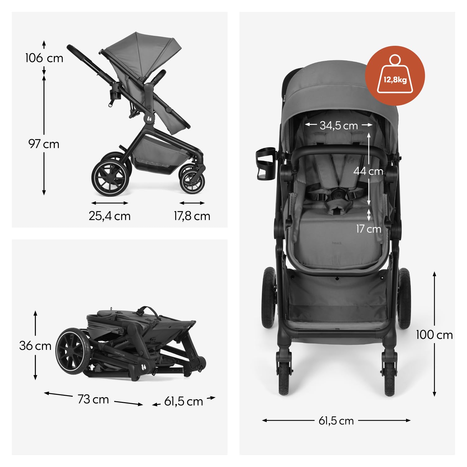 hauck Convert N Care Passeggino 2 in 1 Con Navicella e Seduta Reversibile dalla Nascita a 22 kg, Sistema Modulare, Ruote in Gomma, Sospensioni, Protezione UV 50+, con Adattatori Ovetto - Dark Gray