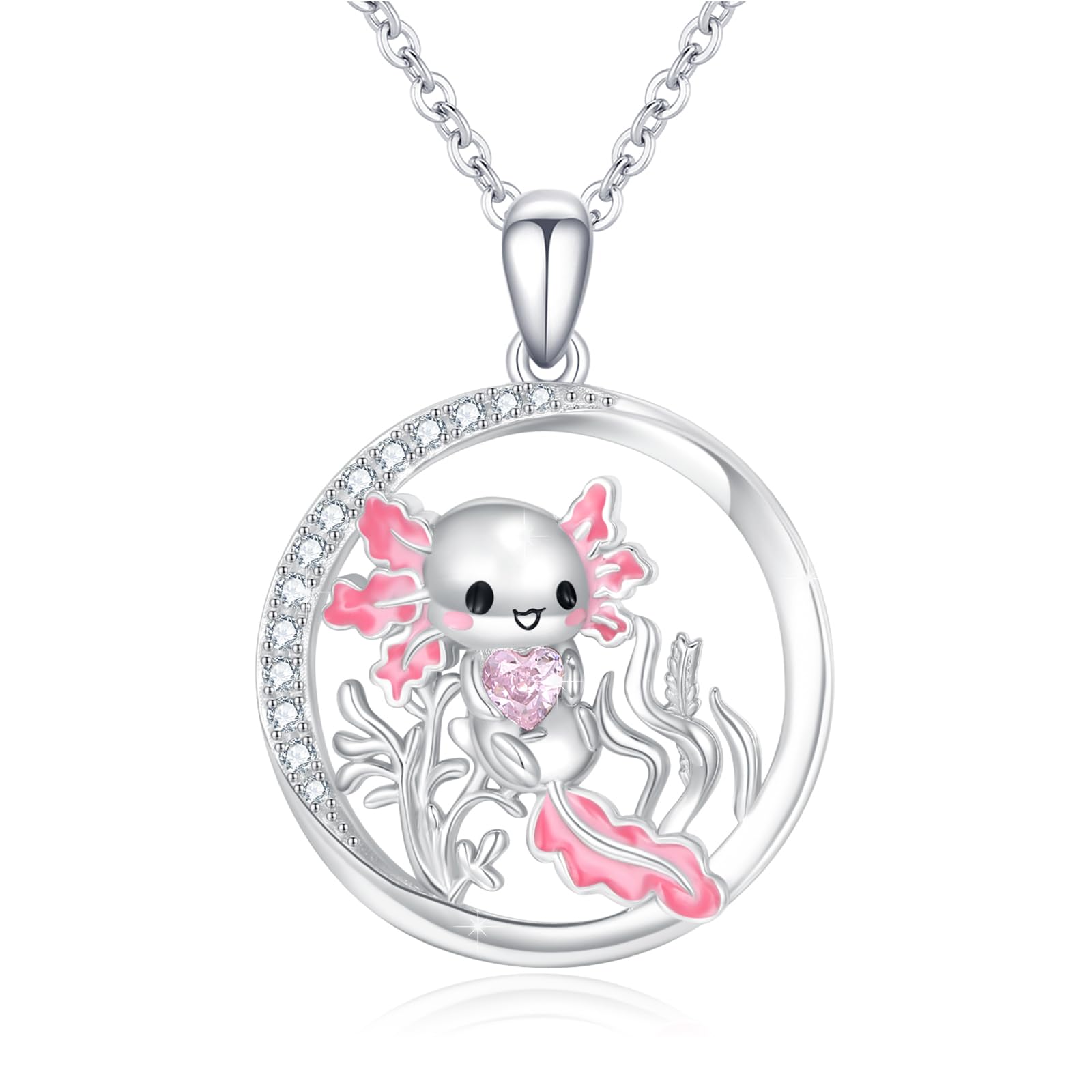 PARYFO Axolotl - Collana da bambina in argento sterling 925, con ciondolo in argento Sterling 925, regalo di compleanno per figlia (Axolotl cristallo rosa), Argento sterling