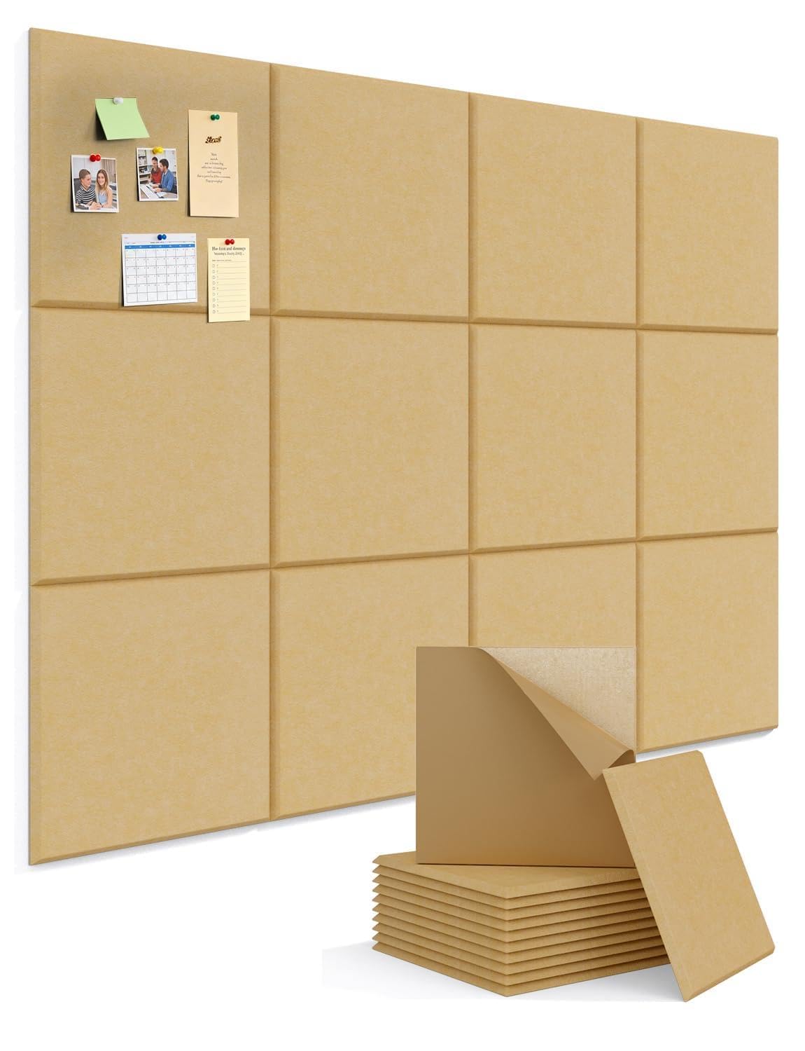 Kuchoow Cork Pin Board Large 120 x 90 cm Felt Notice Pinboard for Office Walls & Home, 12 Pack Brown Self Adhesive Decorative Bulletin Mood Board Corkboard for for Bedroom, Display, Memo, Photo