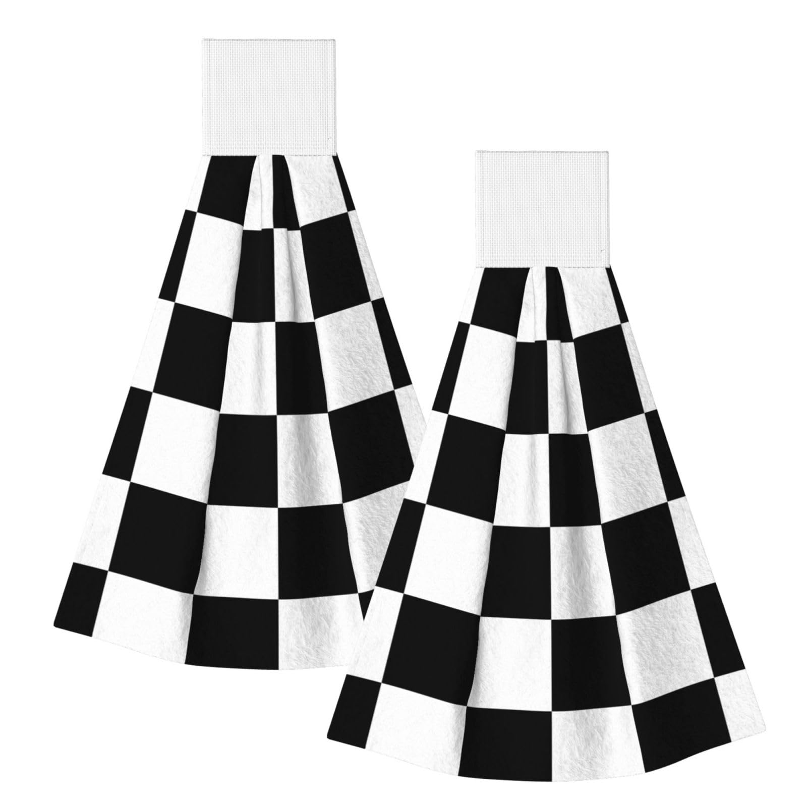 DOPKLNA Black-White-Checkered-Squares, 2 Pcs Hanging Coral Fiber Hand Towels for Bathroom, Absorbent Kitchen Towels