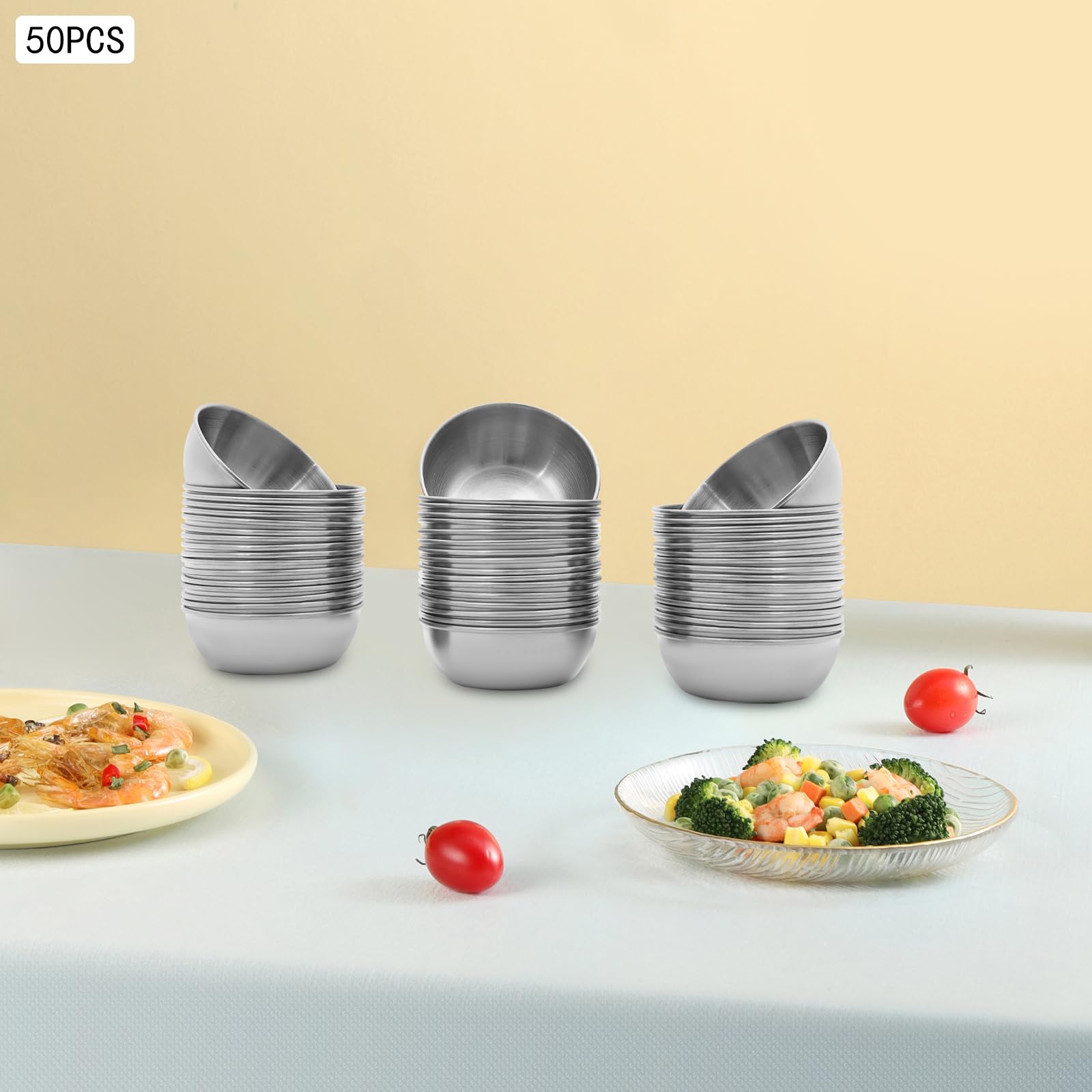 50 unidades de salsas plateadas, mini cuencos para especias, mini cuencos para salsa, cuencos para salsa de soja para hogares, restaurantes, tiendas de comestibles, 5,5 x 2,6 cm