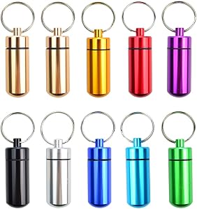 10 Pcs Portable Pill Case, Bantoye Waterproof Aluminum Pill Holders Storage Drug Container with Keychain for Outdoor Camping Traveling, Random Color