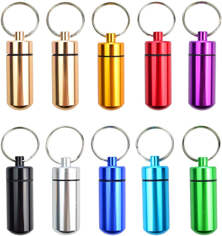 10 Pcs Portable Pill Case, Bantoye Waterproof Aluminum Holders Storage Container with Keychain for Outdoor Camping Traveling, Multicolor