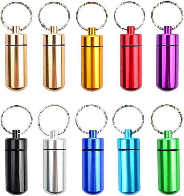 10 Pcs Portable Pill Case, Bantoye Waterproof Aluminum Pill Holders Storage Drug Container with Keychain for Outdoor Camping Traveling, Random Color