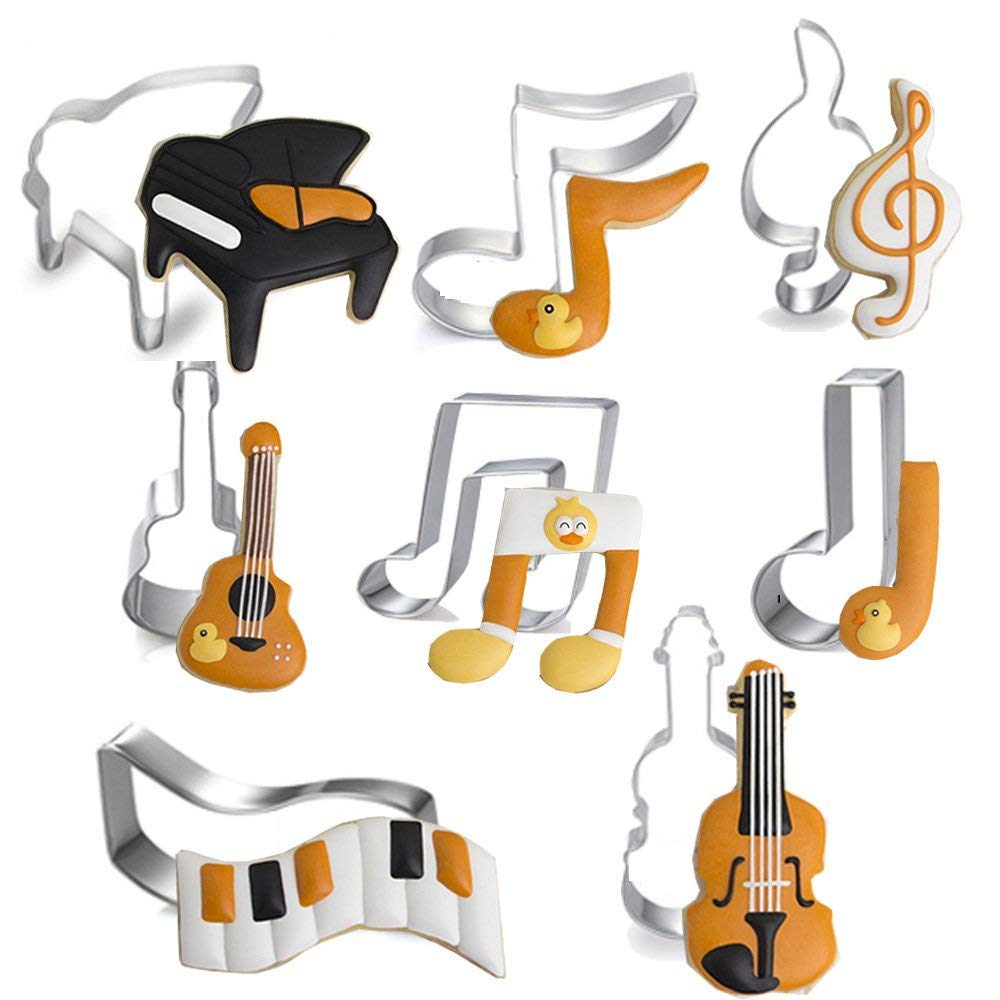 Kumkey Music Cookie Cutters Set, 8pcs Stainless Steel Cookie Cutter Shapes, Cake Biscuit Mould Mold, DIY Baking Molds Pastry Bakeware Decoration, Violin, Piano, Electric Guitar, Music Note, G Clef