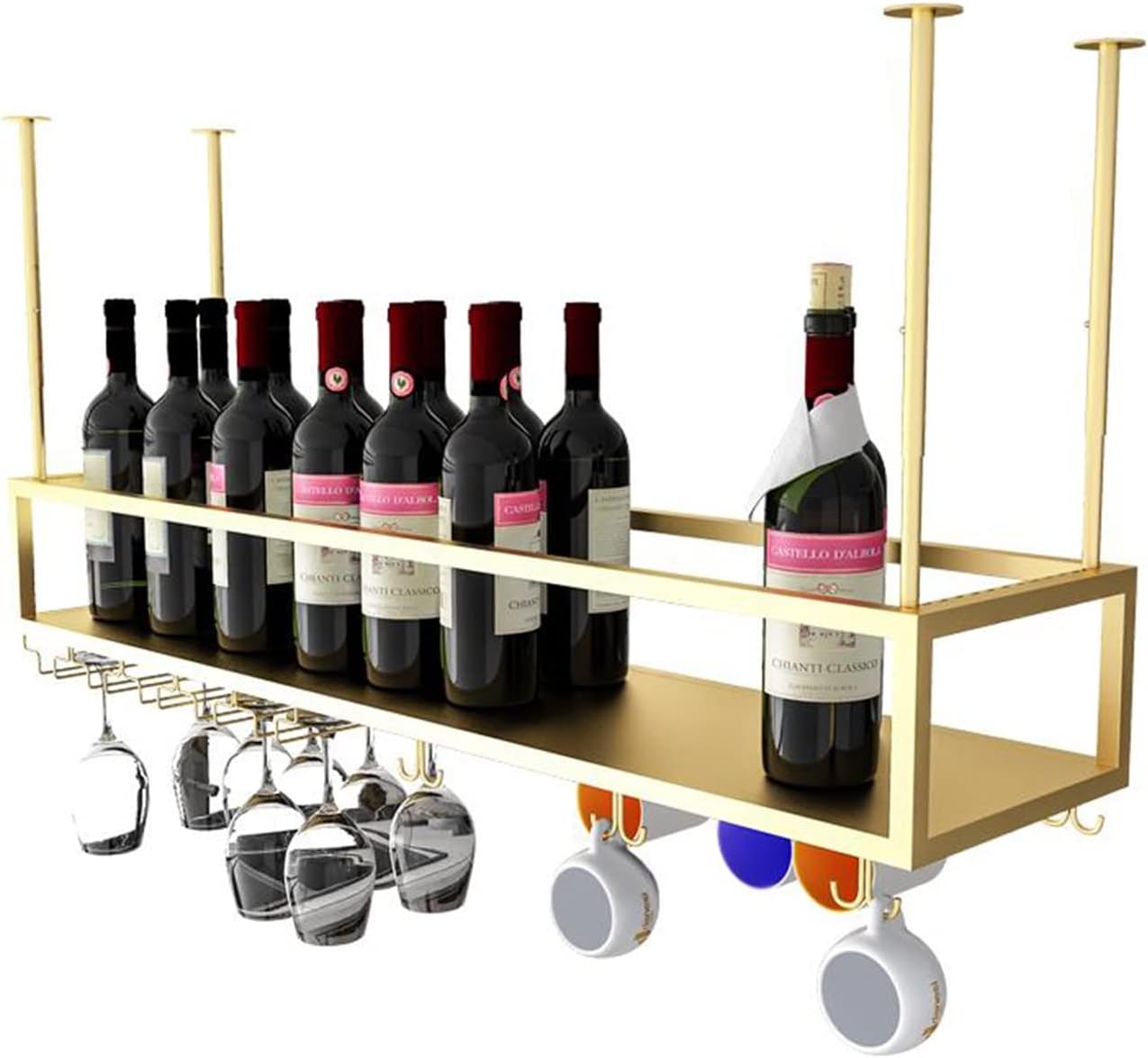 Wine Racks Ceiling Mounted Hanging Wine Bottle Holder, Champagne Glass Iron Rack, Adjustable Height, Bar Unit Floating Shelves Storage Shelf, Bar Home Decor,Gold/60 * 25 * 21Cm
