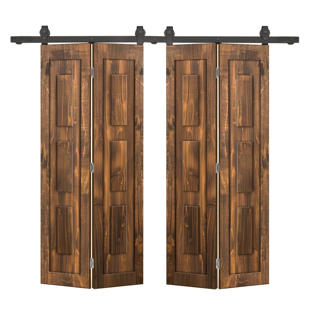 68 in. x 84 in. 3 Panel Shaker Hollow Core Walnut Pine Wood Double Bi-Fold Door with Barn Door Hardware Kit