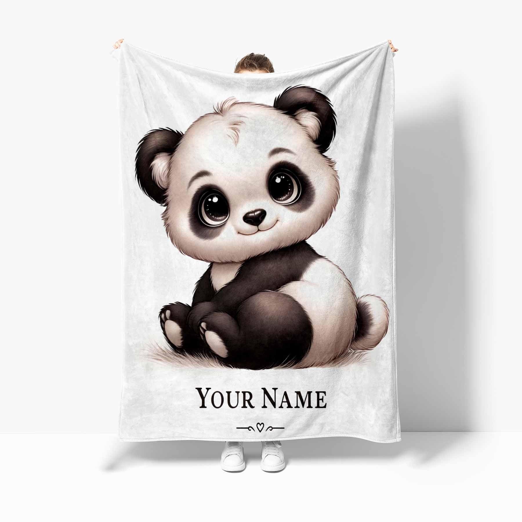 YouNthytic Personalized Panda Blanket with Name, Custom Flannel Throw for Boys & Girls, Next Day Shipping, Unique Christmas Birthday Gift, 4 Thickness