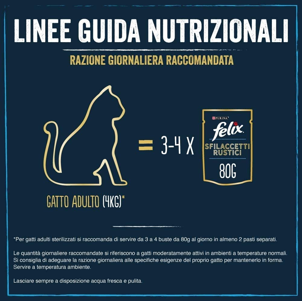 Felix Purina Sfilaccetti Rustici Cibo Umido per Gatti con Manzo, Pollo, Tonno e Salmone 48 buste da 80g