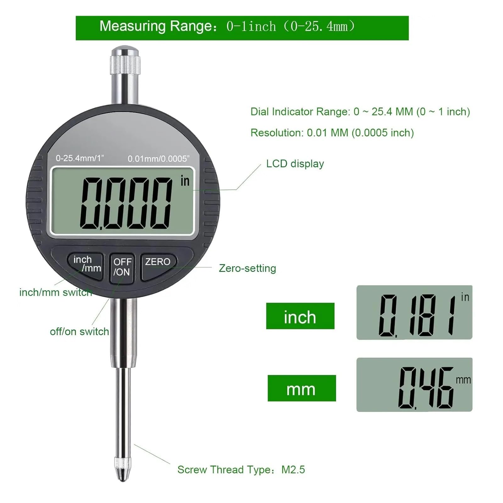 Indicador de cuadrante Digital electrónico Conversión de Pulgadas/métricas 0-1 pulgada/25,4 mm Indicador de sonda Digital Calibre de Prueba de cuadrante de Alta resolución