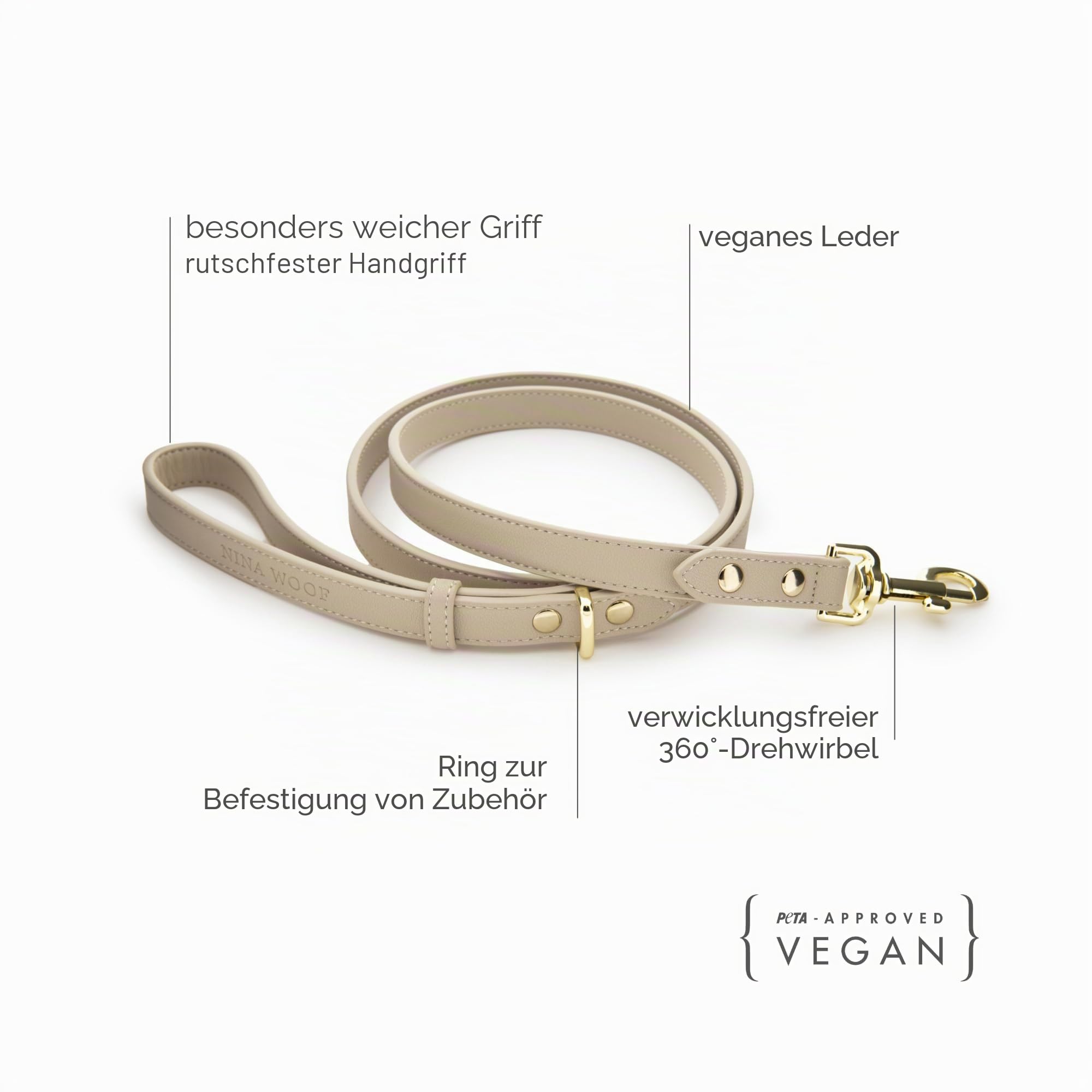 NINA WOOF Cupertino Hundeleine - Vegane Lederleinen für kleine bis große Hunde - Strapazierfähige Leinen zum Spazierengehen und Trainieren deines Hundes - Farbe Beige.