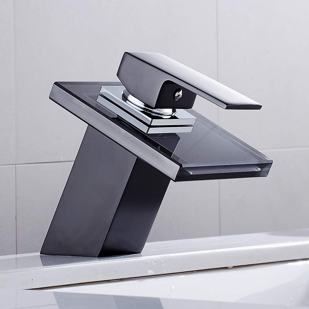 Cascada lavabo fregadero grifo cromado moderno baño palanca grifo vidrio sola manija lavabo grifo negro